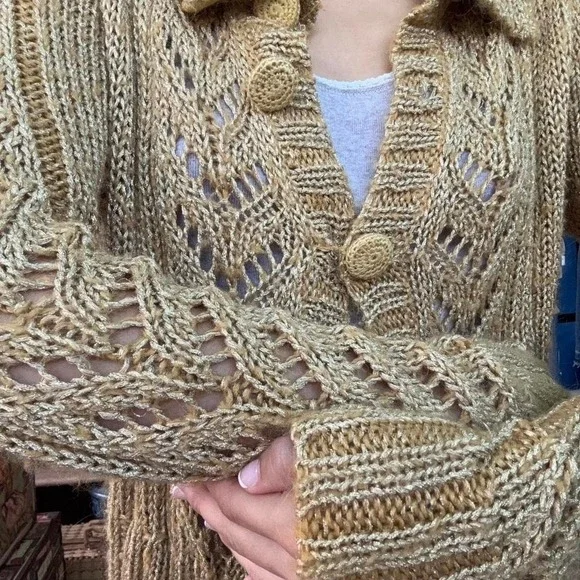 BCBGIRLS Gold Metallic Knit Cardigan Sweater Mustard Yellow Pointelle Button Up - Picture 4 of 8